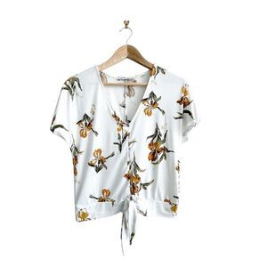 DEX Floral Blouse Tie Front Top Iris V-Neck Stretchy Polyester Spandex Womens S